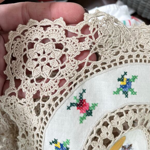 Handarbeit Brode Main Handmade Linen Tablecloth Cross Stitch Embroidery Lace - Picture 7 of 13